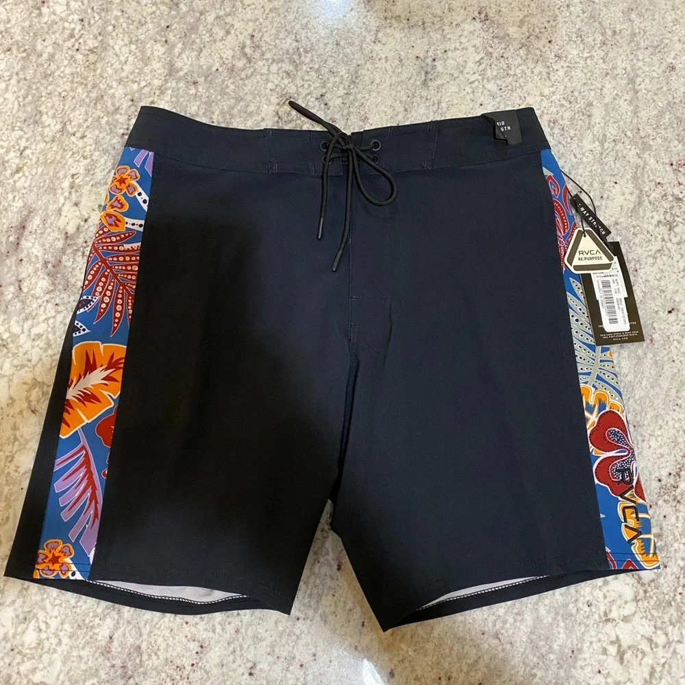 RVCA Mens Board Shorts Size 30‎ Black Tropical Floral Side Panel NEW